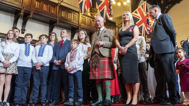 King Charles III during a visit to Aberdeen Town House to meet families who have settled in Aberdeen from Afghanistan, Syria and Ukraine
