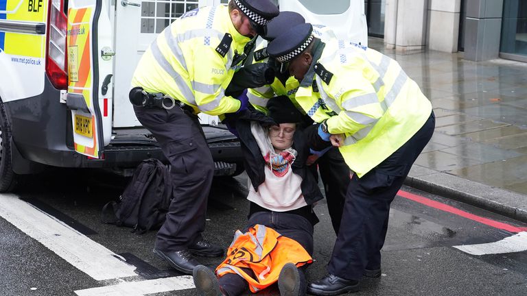 Police officers deal with activists from Just Stop Oil during their protest outside Harrods department store in Knightbridge, London. Picture date: Thursday October 20, 2022.