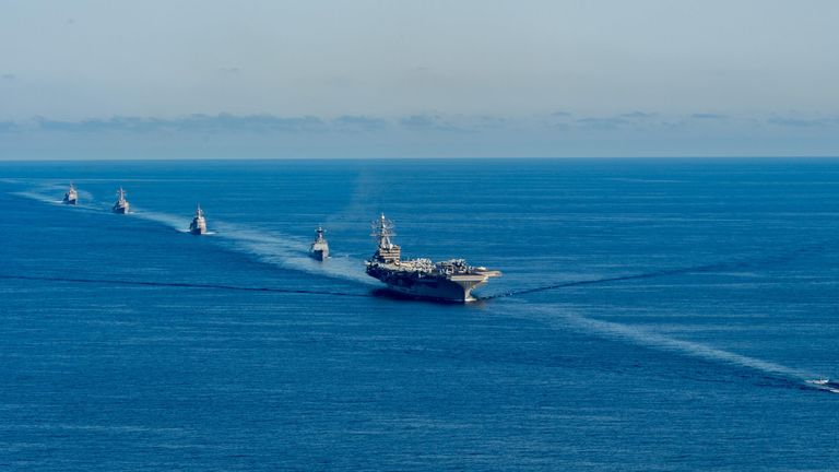 Japanese, South Korean and US naval vessels take part in joint anti-submarine exercises. Pic: South Korean Navy/Yonhap via Reuters