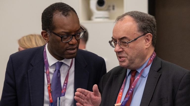 Kwasi Kwarteng talks to the governor of the Bank of England Andrew Bailey in Washington DC