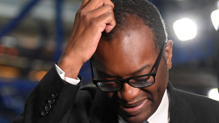 British Chancellor of the Exchequer Kwasi Kwarteng reacts during a television interview at Britain&#39;s Conservative Party&#39;s annual conference in Birmingham, Britain, October 3, 2022. REUTERS/Toby Melville
