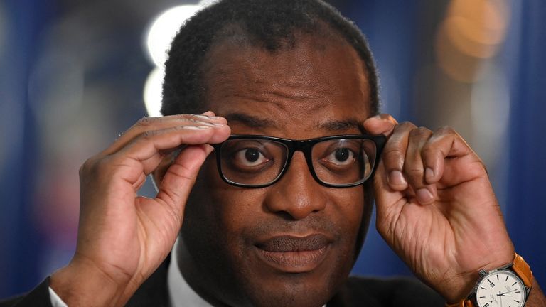 Kwasi Kwarteng gives a television interview at Britain&#39;s Conservative Party&#39;s annual conference in Birmingham, Britain, October 3, 2022. REUTERS/Toby Melville
