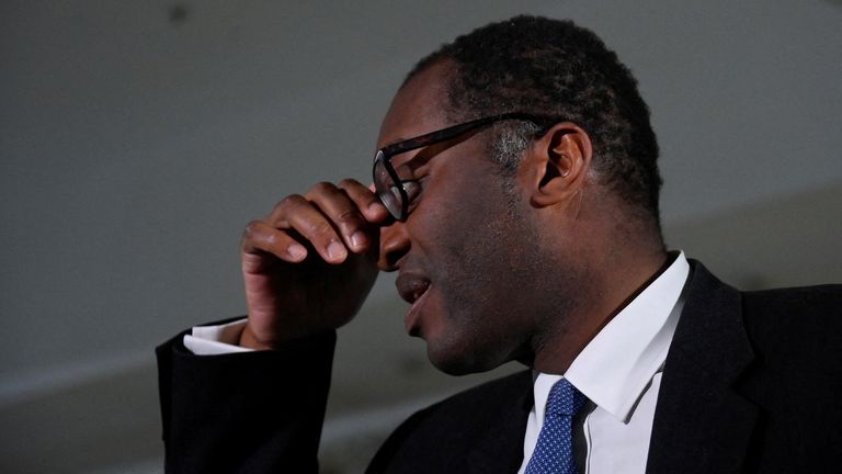 British Chancellor of the Exchequer Kwasi Kwarteng gestures during Britain&#39;s Conservative Party&#39;s annual conference in Birmingham, Britain, October 3, 2022. REUTERS/Toby Melville

