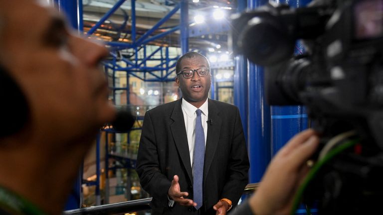 British Chancellor of the Exchequer Kwasi Kwarteng gives a television interview at Britain&#39;s Conservative Party&#39;s annual conference in Birmingham, Britain, October 3, 2022. REUTERS/Toby Melville
