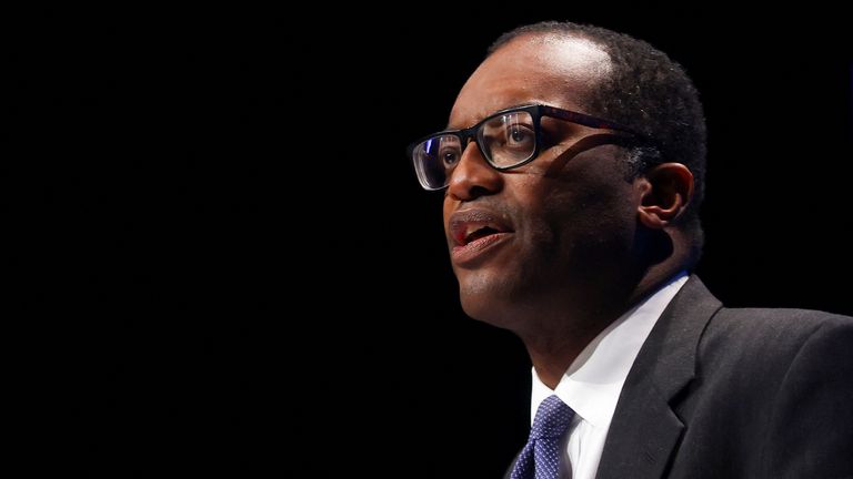 British Chancellor of the Exchequer Kwasi Kwarteng speaks during Britain&#39;s Conservative Party&#39;s annual conference in Birmingham, Britain, October 3, 2022. REUTERS/Hannah McKay