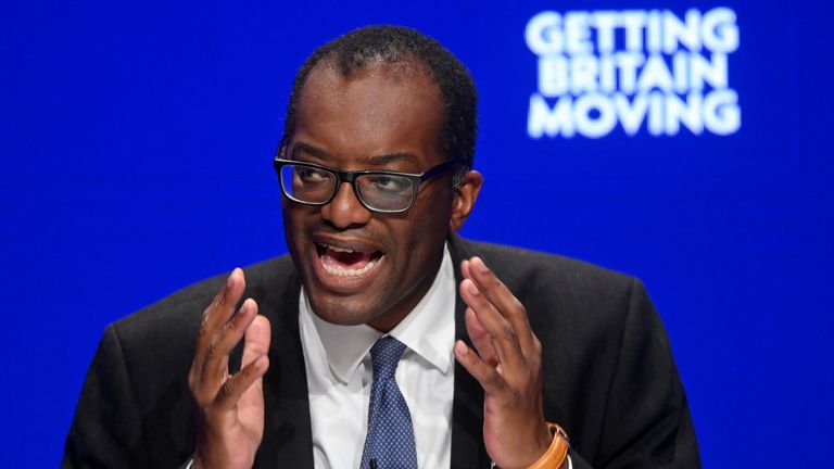 British Chancellor of the Exchequer Kwasi Kwarteng speaks during Britain&#39;s Conservative Party&#39;s annual conference in Birmingham, Britain, October 3, 2022. REUTERS/Toby Melville