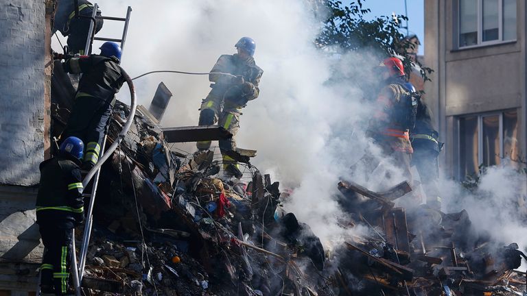 Building destroyed by  Kyiv on Monday. Pic: Kyodo via AP


