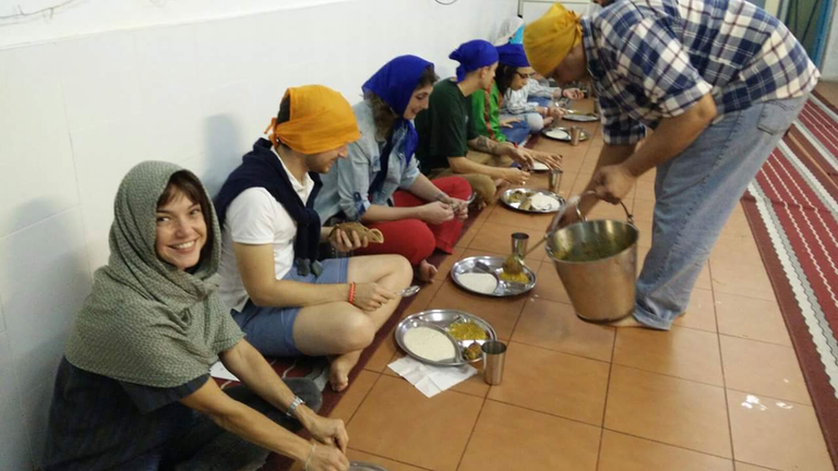 In the langar hall, everybody sits on the floor as an effort to promote equality and a step to eradicate ego.