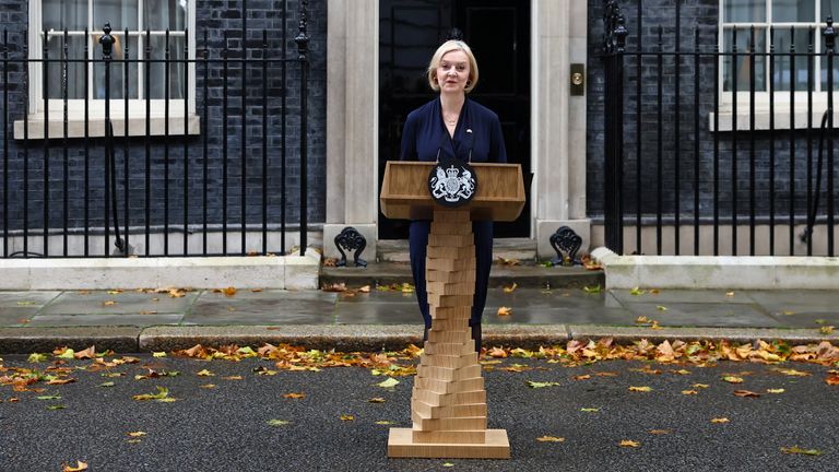 Prime Minister Liz Truss announces her resignation at the lectern