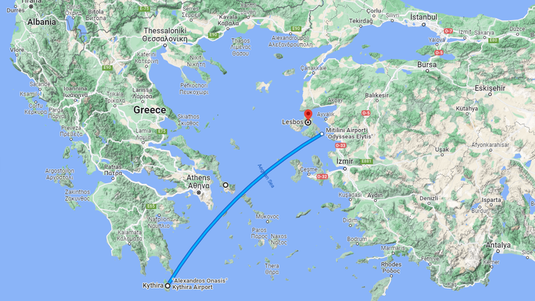 Lesbos and Kythira. Pic: Google maps
