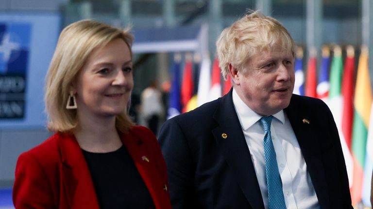 British Prime Minister Boris Johnson, Foreign Secretary Liz Truss and military representative to NATO Ben Bathurst leave NATO Headquarters following a summit on Russia&#39;s invasion of Ukraine, in Brussels, Belgium March 24, 2022. REUTERS/Henry Nicholls/Pool