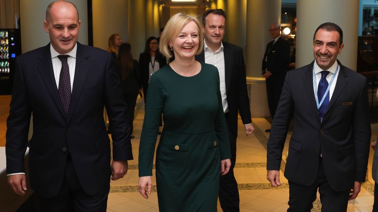 Liz Truss was all smiles as she arrived in Birmingham for the Conservative Party conference. Pic: No 10