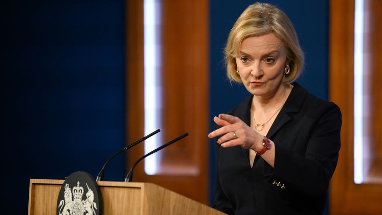 Prime Minister Liz Truss during a press conference in the briefing room at Downing Street, London.  Picture date: Friday October 14, 2022.