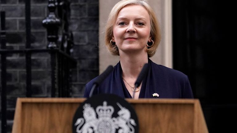 Britain&#39;s Prime Minister Liz Truss addresses the media in Downing Street in London, Thursday, Oct. 20, 2022. Truss says she resigns as leader of UK Conservative Party. (AP Photo/Alberto Pezzali)