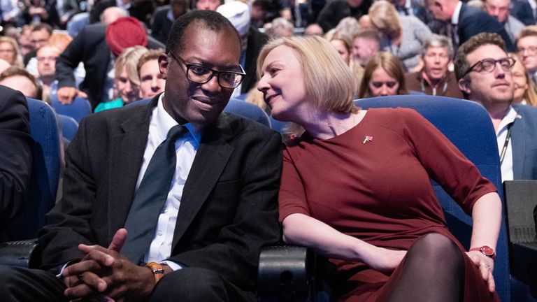 Chancellor of the Exchequer Kwasi Kwarteng and Prime Minister Liz Truss during the Conservative Party annual conference at the International Convention Centre in Birmingham. Picture date: Sunday October 2, 2022.


