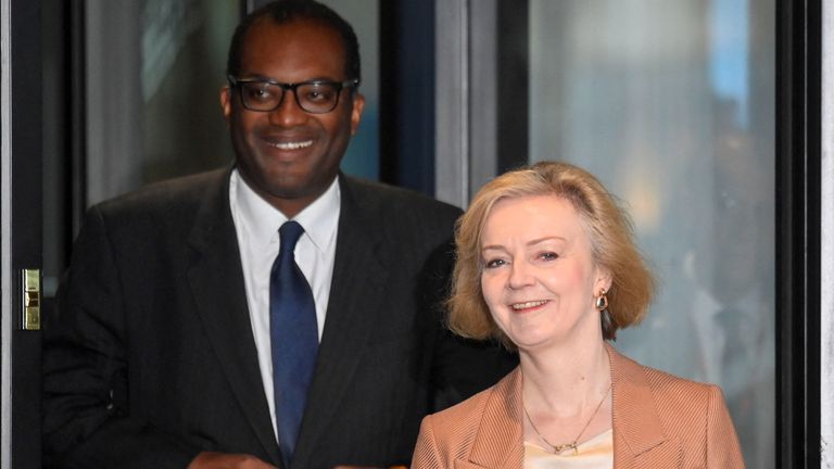 British Prime Minister Liz Truss and Chancellor of the Exchequer Kwasi Kwarteng walk outside a hotel, as Britain's Conservative Party's annual conference continues, in Birmingham, Britain, October 4, 2022. REUTERS/Toby Melville