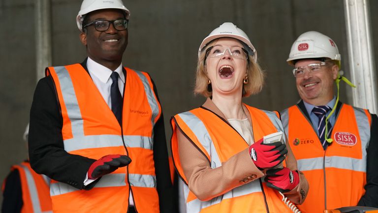 Prime Minister Liz Truss and Chancellor of the Exchequer Kwasi Kwarteng (left) during a visit to a construction site for a medical innovation campus in Birmingham, on day three of the Conservative Party annual conference at the International Convention Centre in Birmingham. Picture date: Tuesday October 4, 2022.
