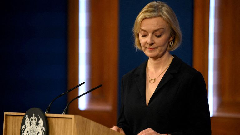 FILE PHOTO: British Prime Minister Liz Truss attends a news conference in London, Britain, October 14, 2022. Daniel Leal/Pool via REUTERS/File Photo