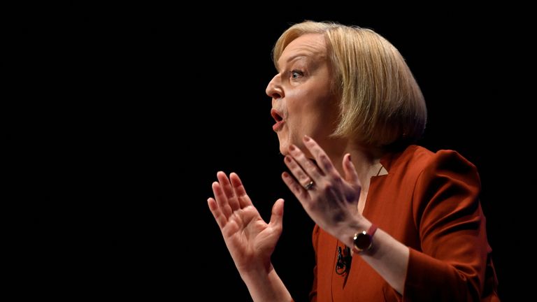 British Prime Minister Liz Truss speaks on stage at Britain's Conservative Party's annual conference in Birmingham, Britain, October 5, 2022. REUTERS/Toby Melville