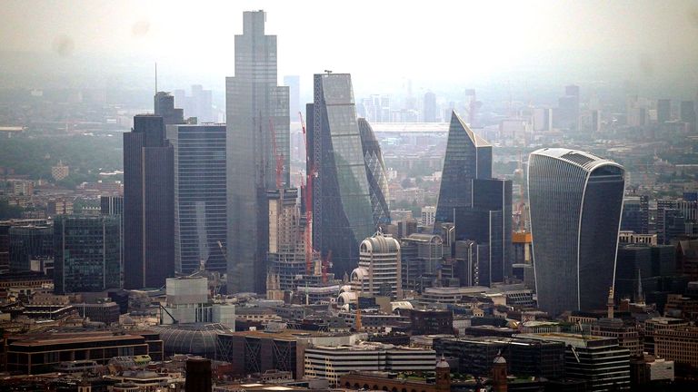 File photo dated 09/07/21 of an aerial view of the City of London skyline, as Britain&#39;s economy is expected to shrink around 0.2% each quarter from October through to June next year, economists have warned.

