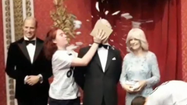 Just Stop Oil activists have thrown chocolate cake into the face of King Charles&#39;s waxwork at London&#39;s Madame Tussauds
