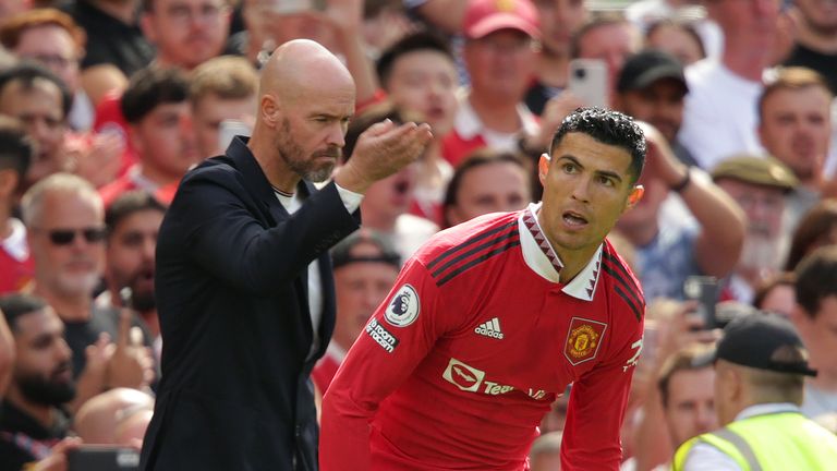 File photo dated 07-08-2022 of Manchester United manager Erik ten Hag and Cristiano Ronaldo. Manchester United manager Erik ten Hag confirmed Cristiano Ronaldo refused to come on as a substitute against Tottenham. Issue date: Friday October 21, 2022.