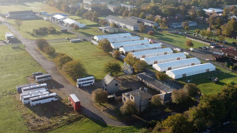 A view of the Manston immigration short-term holding facility located at the former Defence Fire Training and Development Centre in Thanet, Kent. 700 people were moved to the Manston facility for safety reasons after incendiary devices were thrown at a Border Force migrant centre in Dover on Sunday. Picture date: Monday October 31, 2022.
