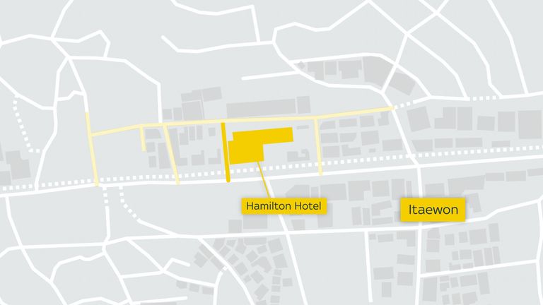 The alleyway west of the Hamilton Hotel, highlighted here, was where the crush occurred.