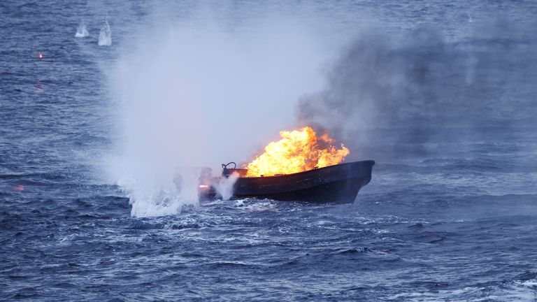 Handout photo dated 30/09/22 issued by Ministry of Defence (MOD) of the vessel being sunk by HMS Medway&#39;s weapons systems.