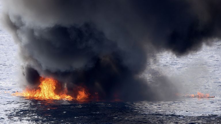 Handout photo dated 30/09/22 issued by Ministry of Defence (MOD) of the vessel being sunk by HMS Medway&#39;s weapons systems. 