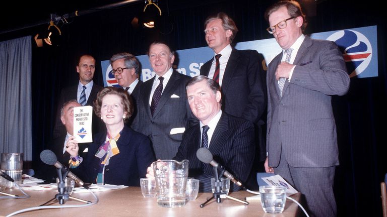 Prime Minister Margaret Thatcher with Cabinet colleagues at a press conference in London, where she presented her party's manifesto for the forthcoming General Election.   * L-R (back row): Norman Tebbit (Employment), Sir Geoffrey Howe (Chancellor), Francis Pym (Foreign Secretary), Michael Heseltine (Defence), and Tom King (Environment). L-R (front row): William Whitelaw (Home Secretary), Thatcher, and party Chairman Cecil Parkinson.