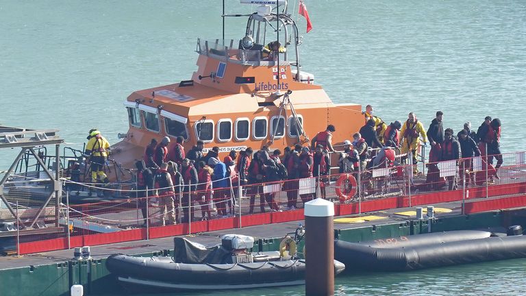 A group of people thought to be migrants are brought in to Dover, Kent, onboard the Ramsgate Lifeboat following a small boat incident in the Channel. Picture date: Thursday October 27, 2022.
