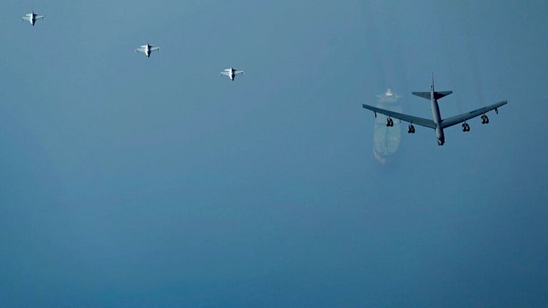 A B-52H Stratofortress from Minot Air Force Base in North Dakota flying over an oil tanker in the Middle East Pic: AP
