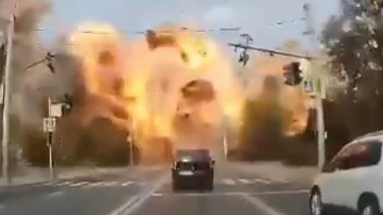 Who missiles strikes have been captured by a car dashcam. The strikes were part of a series of missiles sent in response to an attack on the Kerch Strait Bridge.