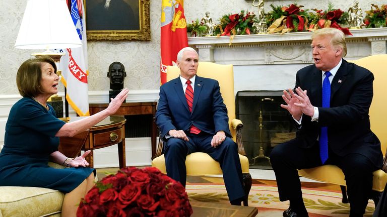 U.S. House Speaker designate Nancy Pelosi (D-CA) speaks with Vice President Mike Pence and U.S. President Donald Trump as they meet with her and Senate Minority Leader Chuck Schumer (D-NY) in the Oval Office at the White House in Washington, U.S., December 11, 2018. REUTERS/Kevin Lamarque