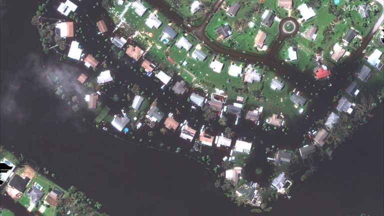 General view shows a flooded community after Hurricane Ian hit North Harbor, Florida
