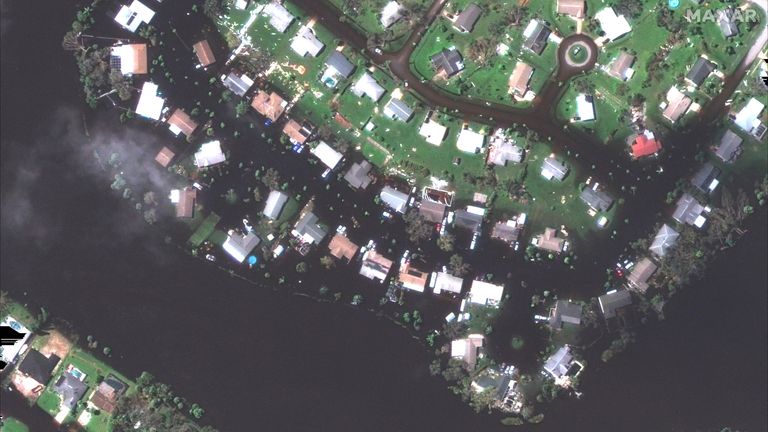 A general view shows a flooded neighborhood after Hurricane Ian hit North Port, Florida