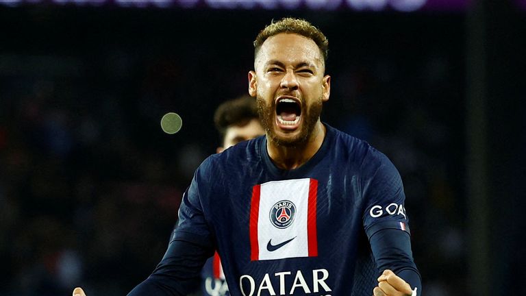 Paris St Germain&#39;s Neymar celebrates scoring their first goal 