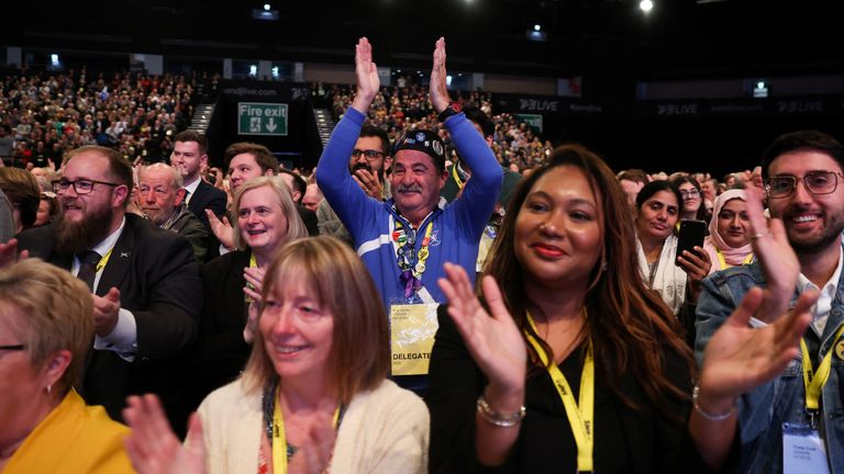 Audience members react as Nicola Sturgeon addresses the SNP conference in Aberdeen