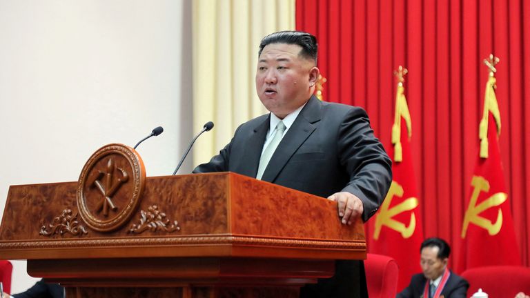 North Korean leader Kim Jong-un speaks during a visit to the Central Officers School of the ruling Workers&#39; Party in Pyongyang, North Korea, in this undated photo released on October 18, 2022 by North Korea&#39;s Korean Central News Agency (KCNA). KCNA via REUTERS ATTENTION EDITORS - THIS IMAGE WAS PROVIDED BY A THIRD PARTY. REUTERS IS UNABLE TO INDEPENDENTLY VERIFY THIS IMAGE. NO THIRD PARTY SALES. SOUTH KOREA OUT. NO COMMERCIAL OR EDITORIAL SALES IN SOUTH KOREA.
