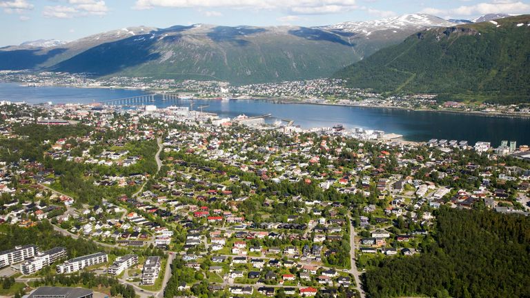 Aerial view, harbour and suburban housing, Tromso, Norway


