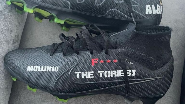 Paul Mullin Wrexham striker&#39;s boots which have now been banned by the club for their offensive message. Pic: Paul Mullin/Instagram
