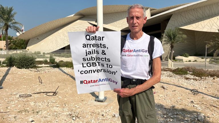 Peter Tatchell outside the National Museum of Qatar in Doha. Pic: Peter Tatchell Foundation