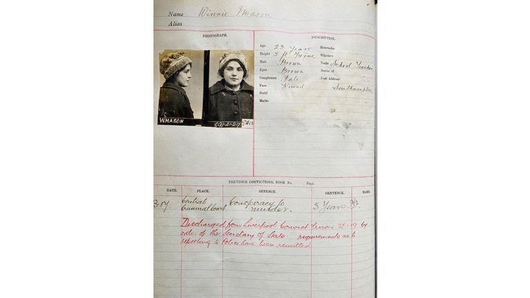 Undated handout photo issued by Hansons Auctioneers of the police ledger entry for Winnie Mason, who was convicted along with her mother the women&#39;s rights campaigner and anti-war supporter Alice Wheeldon and her husband of plotting to kill the then Prime Minister David Lloyd George. The ledger is due to go under the hammer later this month. Issue date: Monday October 3, 2022.
