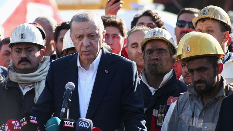 President Erdogan addresses the media during a visit to the coal mine site 