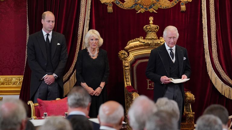 (left to right) The Prince of Wales, the Queen, and King Charles III during the Accession Council at St James&#39;s Palace, London, where King Charles III is formally proclaimed monarch. Charles automatically became King on the death of his mother, but the Accession Council, attended by Privy Councillors, confirms his role. Picture date: Saturday September 10, 2022.
Read less