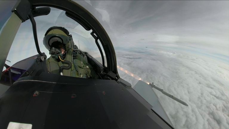 RAF fighter jets conduct missile training excercise over the sea in the Hebrides.