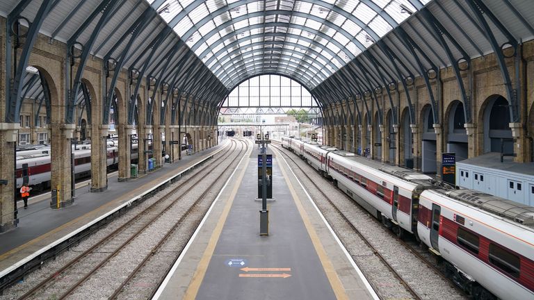 Empty platforms at King&#39;s Cross railway station in London. Rail services have been severely disrupted as members of the Transport Salaried Staffs Association (TSSA) and the Rail, Maritime and Transport (RMT) union strike in a continuing row over pay, jobs and conditions. Picture date: Saturday August 20, 2022.