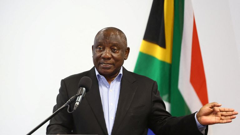 South Africa&#39;s President Cyril Ramaphosa speaks during the launch of the new Sandvik Khomanani manufacturing site, at Khomanani, in Kempton Park, Johannesburg, South Africa September 9, 2022