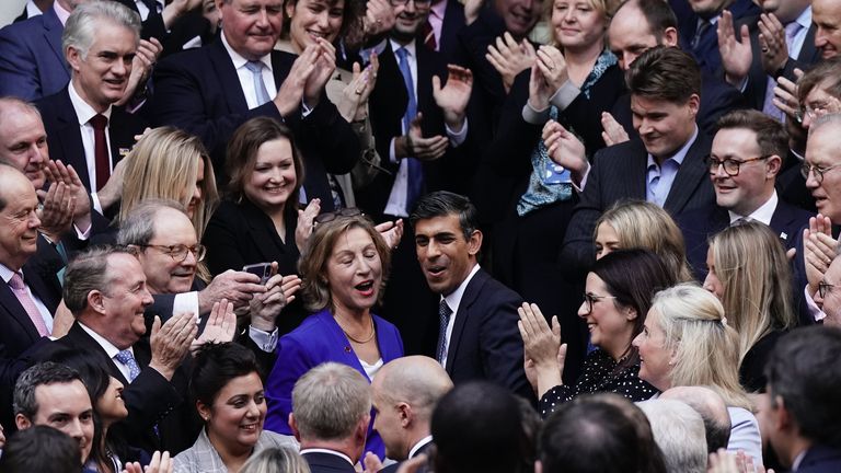 Rishi Sunak is congratulated as he arrives at Conservative party HQ in Westminster, London, after it was announced he will become the new leader of the Conservative party after rival Penny Mordaunt dropped out. Picture date: Monday October 24, 2022.
